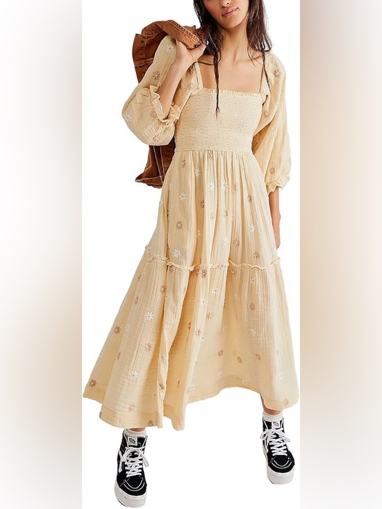 Free People Dahlia Embroidered Maxi Dress, Daisy Butter Yellow, Small - Picture 2 of 16
